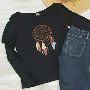 NEW Boho Embroidered Dream Catcher Cutout Sleeves Tee in Black